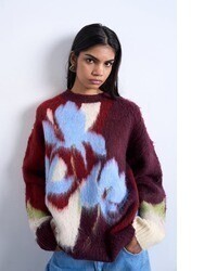 Pull à fleurs bordeaux