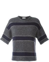 Pull en laine à rayures horizontales gris foncé Brunello Cucinelli