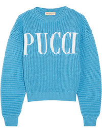 Pull en laine en tricot turquoise Emilio Pucci