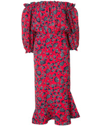 Robe à épaules dénudées en soie imprimé rouge Saloni