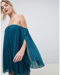 Robe à épaules dénudées plissé bleu canard