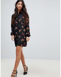 Robe chemise à fleurs noire