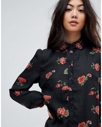 Robe chemise à fleurs noire