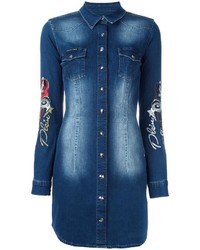 Robe chemise en denim brodée bleu marine