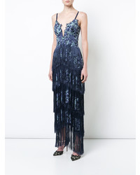 Robe de soirée à franges bleu marine Marchesa Notte