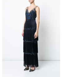 Robe de soirée à franges bleu marine Marchesa Notte