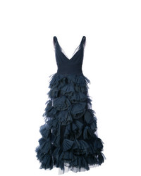 Robe de soirée à volants bleu marine Marchesa Notte