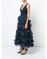 Robe de soirée à volants bleu marine Marchesa Notte