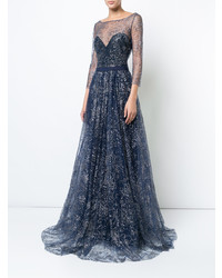 Robe de soirée brodée bleu marine Marchesa Notte