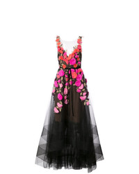 Robe de soirée de tulle à fleurs noire Marchesa Notte