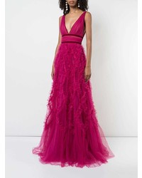 Robe de soirée de tulle à volants fuchsia Marchesa Notte