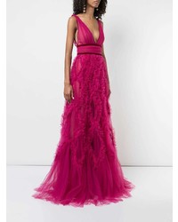 Robe de soirée de tulle à volants fuchsia Marchesa Notte