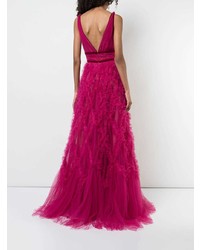 Robe de soirée de tulle à volants fuchsia Marchesa Notte