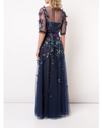 Robe de soirée de tulle brodée bleu marine Marchesa Notte