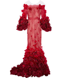 Robe de soirée en dentelle à fleurs rouge Marchesa
