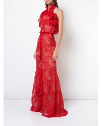 Robe de soirée en dentelle à volants rouge Marchesa Notte