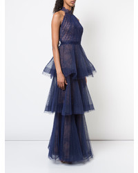 Robe de soirée en dentelle plissée bleu marine Marchesa Notte