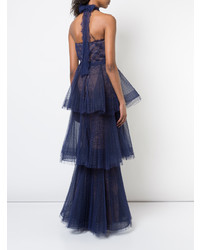 Robe de soirée en dentelle plissée bleu marine Marchesa Notte