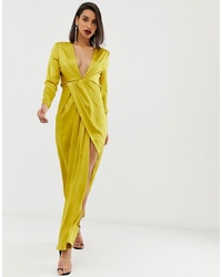 Robe de soirée en satin fendue chartreuse