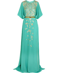 Robe de soirée en soie brodée vert menthe