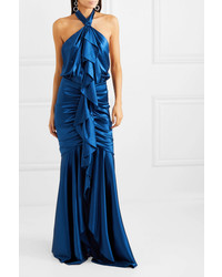 Robe de soirée en soie fendue bleu marine Alexandre Vauthier