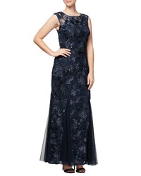 Robe de soirée pailletée brodée bleu marine