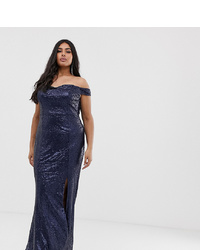 Robe de soirée pailletée fendue bleu marine