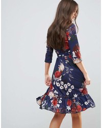 Robe drapée à fleurs bleu marine