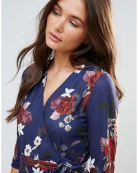 Robe drapée à fleurs bleu marine