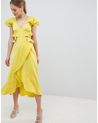 Robe drapée en satin à volants jaune