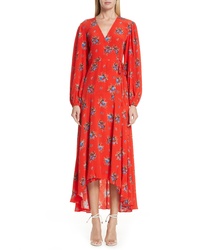 Robe drapée en soie à fleurs rouge