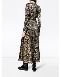 Robe drapée en soie imprimée léopard marron Ganni