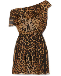 Robe droite en soie imprimée léopard marron