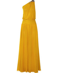 Robe en soie ornée jaune