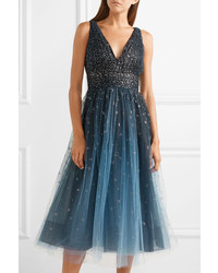 Robe évasée de tulle ornée bleu marine Marchesa Notte