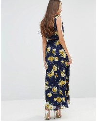 Robe longue à fleurs bleu marine