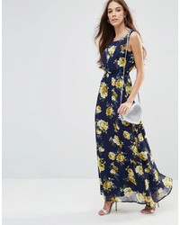 Robe longue à fleurs bleu marine