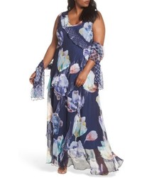 Robe longue en chiffon à volants bleu marine