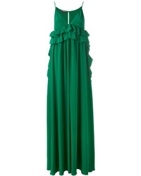 Robe longue en soie à volants verte