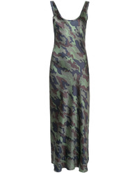 Robe longue en soie imprimée olive