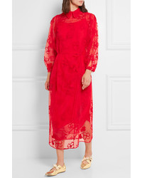 Robe midi brodée rouge Simone Rocha