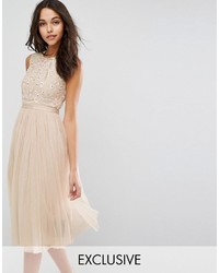 Robe midi de tulle brodée beige