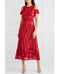 Robe midi de tulle brodée rouge Marchesa Notte