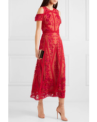 Robe midi de tulle brodée rouge Marchesa Notte