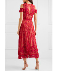 Robe midi de tulle brodée rouge Marchesa Notte