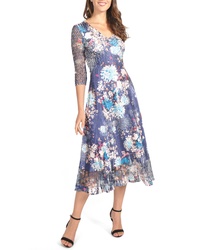 Robe midi en chiffon à fleurs bleu marine