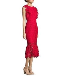 Robe midi en dentelle à volants rouge