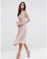 Robe midi en dentelle plissée rose Asos