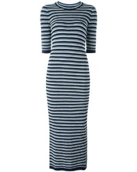 Robe midi en laine à rayures horizontales bleue