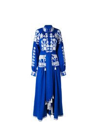 Robe midi en lin brodée bleue